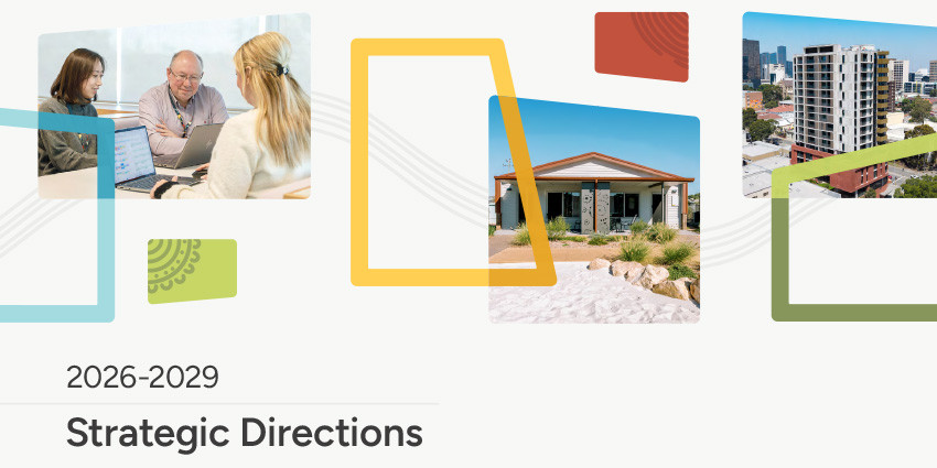 A publication page design with photos of people in a meeting and buildings, plus block graphics.
