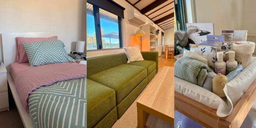Three-panel image showing a furnished room with a neatly made bed, a green sofa and coffee table, and a welcome basket containing toiletries and folded linens.