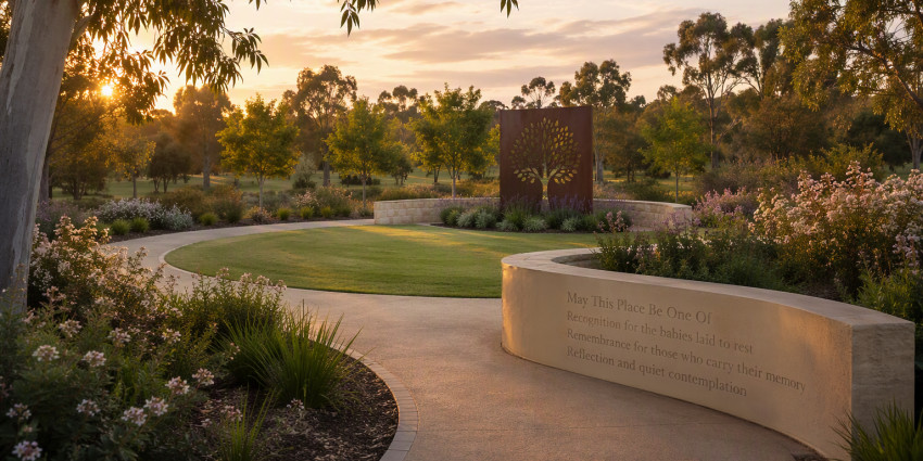 a garden path meanders through green lawn and native trees and shrub. The sun sets in the distance. A large art feature of a tree is in the middle of the garden.