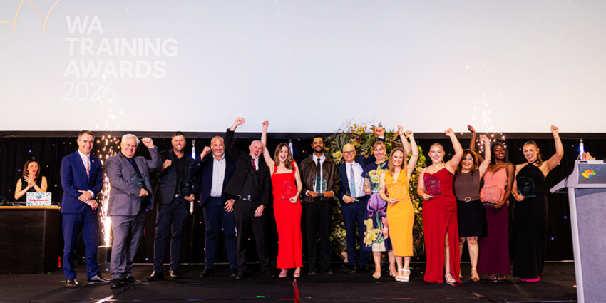 WA Training Awards 2026 winners celebrating on stage with awards.