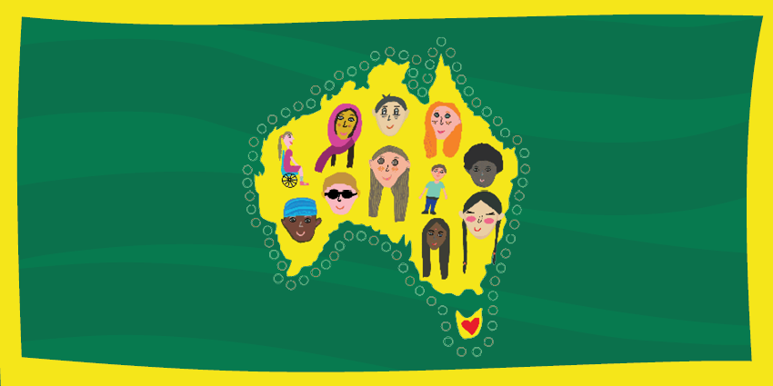 colourful graphic featuring a map of Australia and drawings of various children's faces inside the map