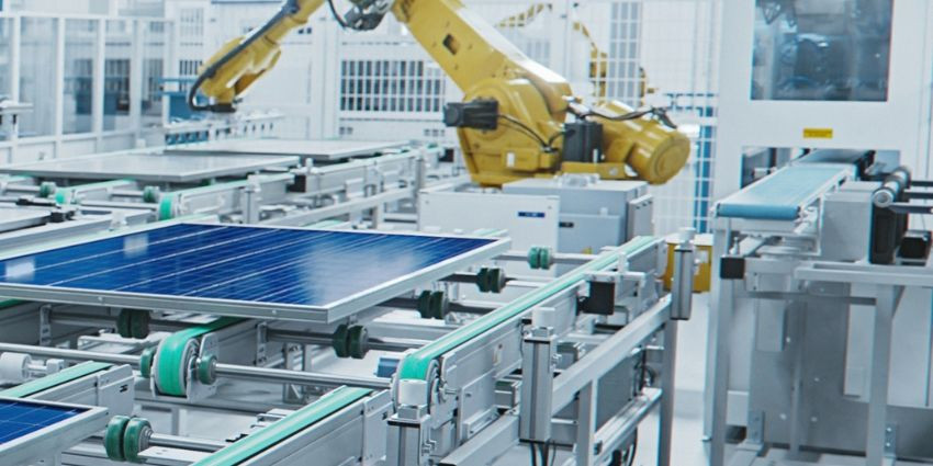 Robotic arm manufacturing solar panels on conveyor belt