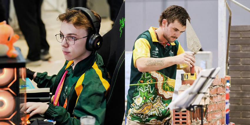 Split image showing a competitor participating in a computer-based digital skills competition on the left and a competitor laying bricks during a construction skills competition on the right.