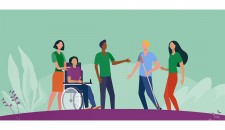 Cartoon illustration of a group of people. One person is in a wheelchair, and one person is holding a walking stick.