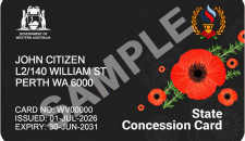 Sample State Concession Card issued by the Government of Western Australia. The card has a black background with red poppy flowers and commemorative wreath imagery. It displays sample holder details including name, address, card number, issue date and expiry date, with the word “SAMPLE” overlaid across the centre. The words “State Concession Card” appear in the lower right corner.