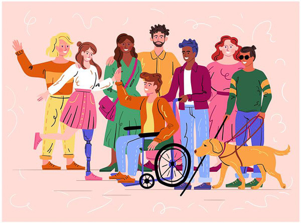 Illustration of a diverse group of eight people, some with visible disabilities and differences, including a person using a wheelchair, a person with a prosthetic leg, and a person with a guide dog. They are smiling, standing together, and waving against a light background.