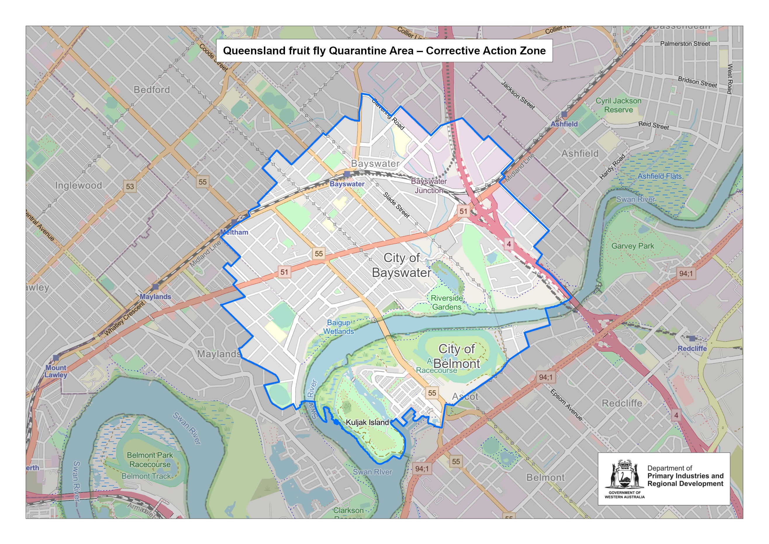 Qfly Quarantine Corrective Action Zone map March 2023 encompassing the City of Baywater and part of the City of Belmont 