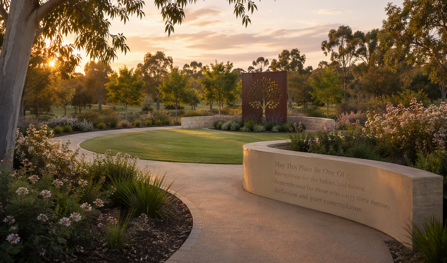 a garden path meanders through green lawn and native trees and shrub. The sun sets in the distance. A large art feature of a tree is in the middle of the garden.